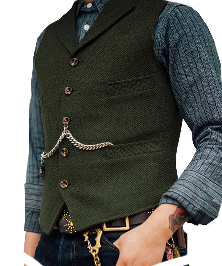 Nico | Men's Herringbone Tailored Vest  - Color:Military Green;Size:XXS