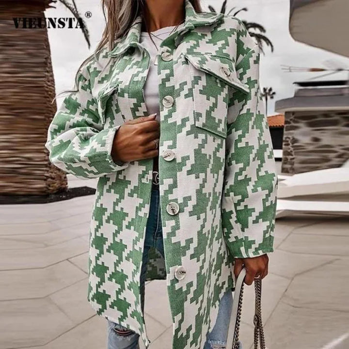 Nieve | Women's Elegant Houndstooth Jacket   - Color:Green;Size:XS