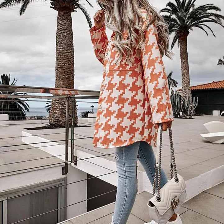 Nieve | Women's Elegant Houndstooth Jacket   - Color:Orange;Size:XS