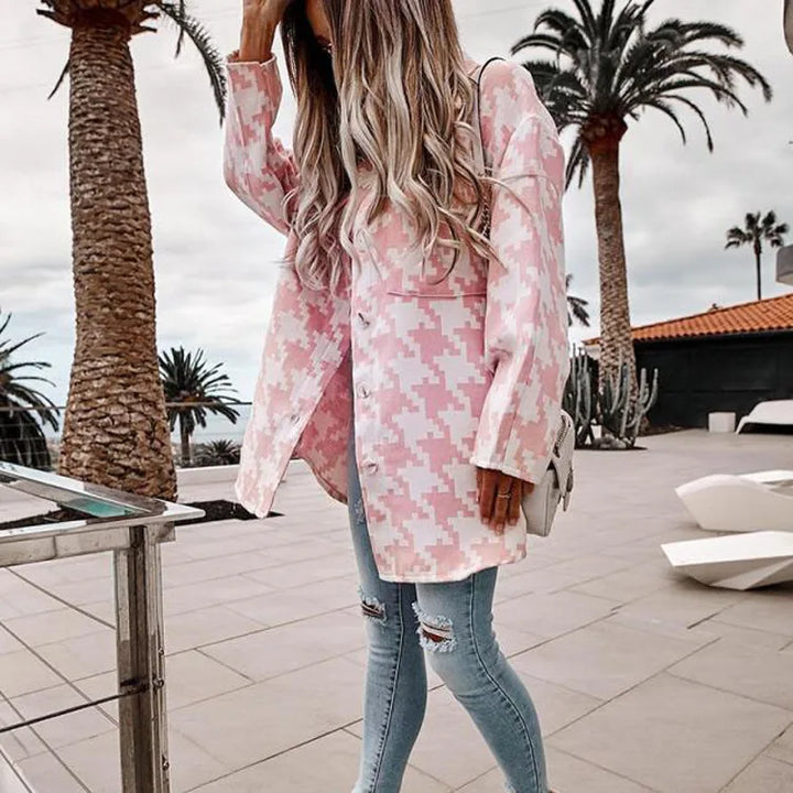 Nieve | Women's Elegant Houndstooth Jacket   - Color:Pink;Size:XS