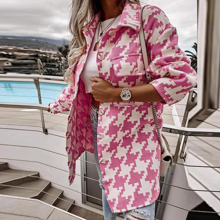 Nieve | Women's Elegant Houndstooth Jacket   - Color:Rose Red;Size:XS