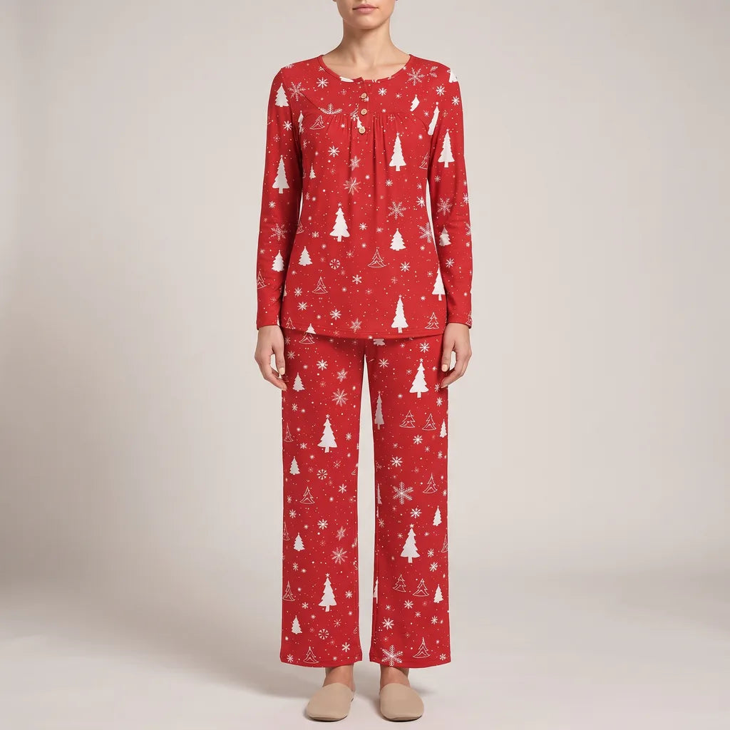 Noelle | Women's Lounge Pajama Set  - Color:Red Snowflake Christmas Tree;Size:S