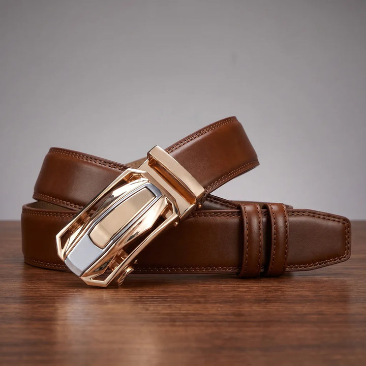 Nolan | Designer Men's Belts  - Color:Gold Buckle/ Brown Belt