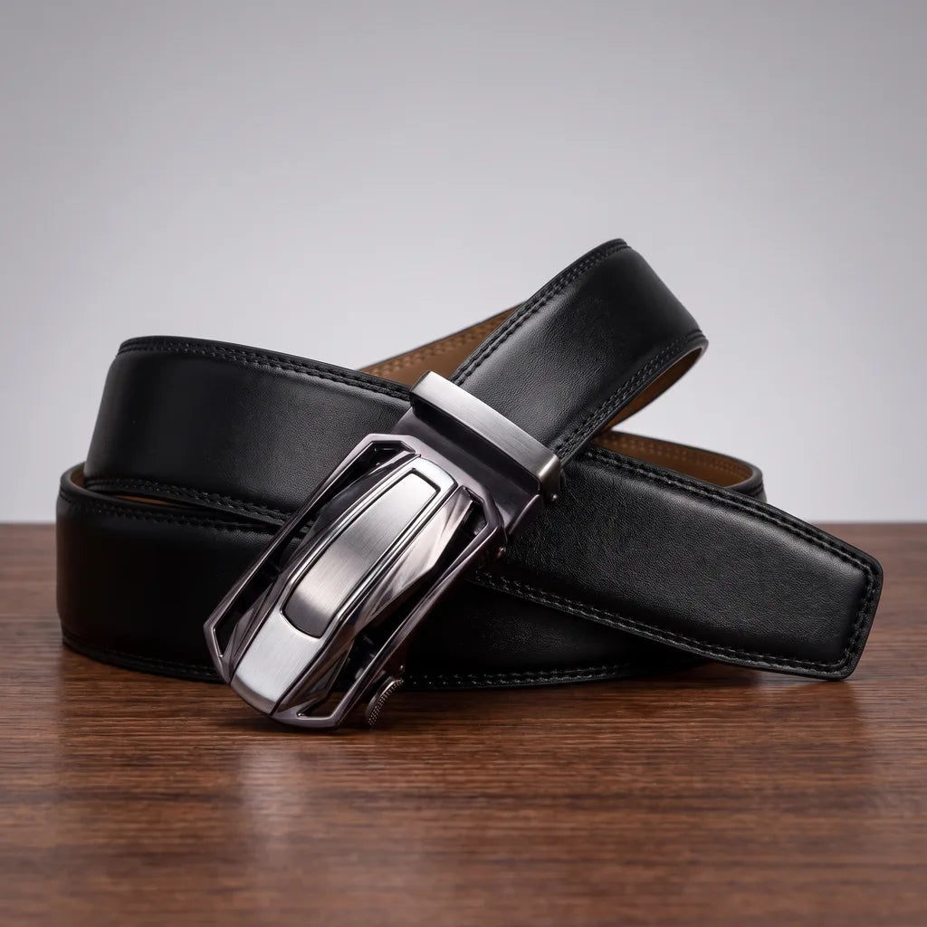 Nolan | Designer Men's Belts  - Color:Silver Buckle/ Black Belt