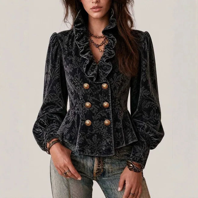 Oceana | Women's Retro Bohemian Blazer Jacket - Color:Black;Size:XS