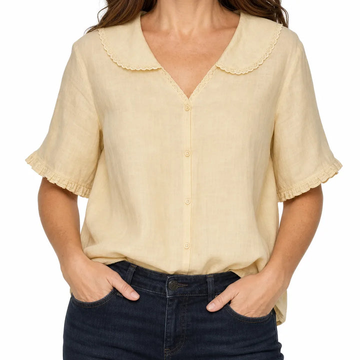 Odalys Scalloped Collar Top - Color:Beige;Size:S