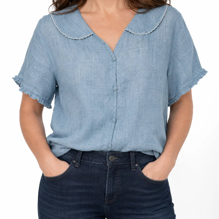 Odalys Scalloped Collar Top - Color:Blue;Size:S