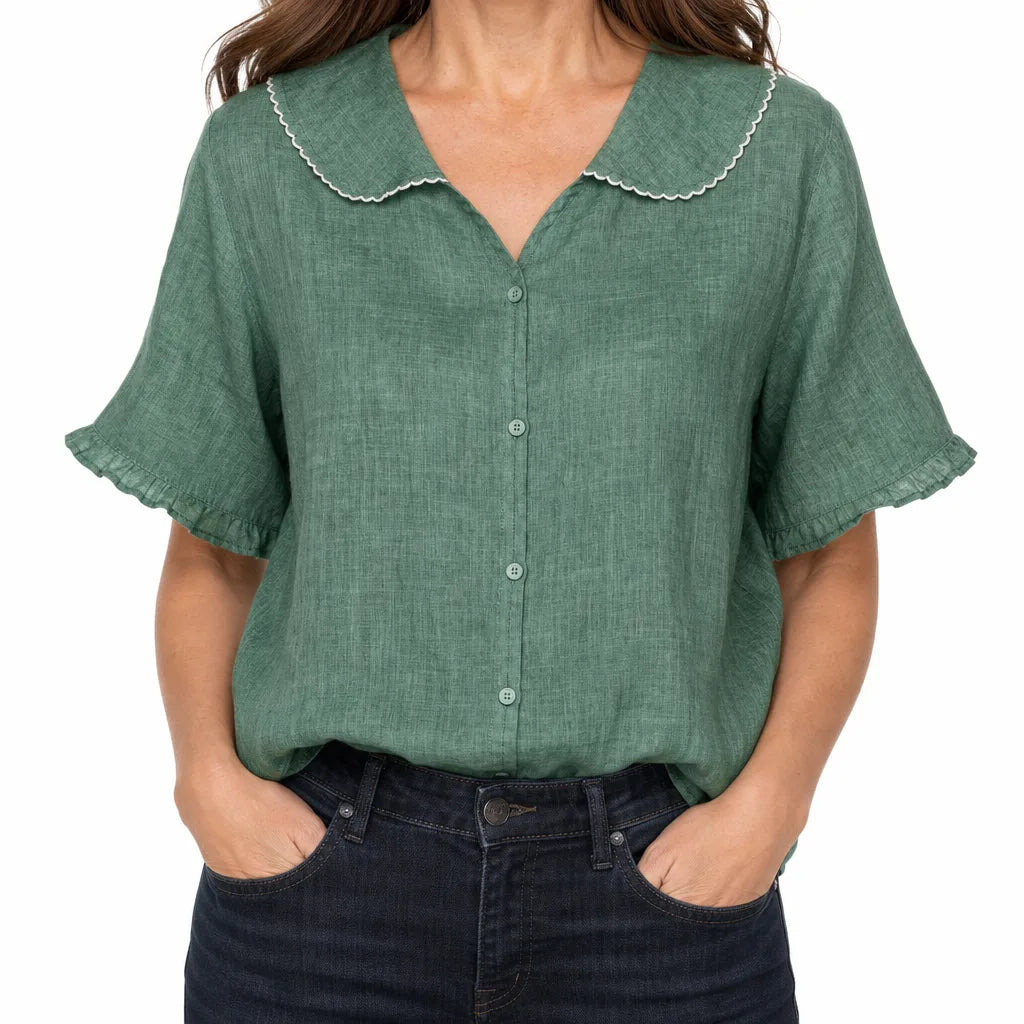 Odalys Scalloped Collar Top - Color:Green;Size:S