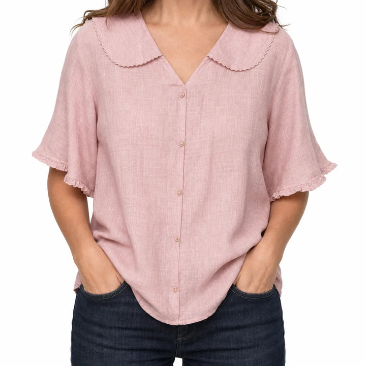Odalys Scalloped Collar Top - Color:Pink;Size:S