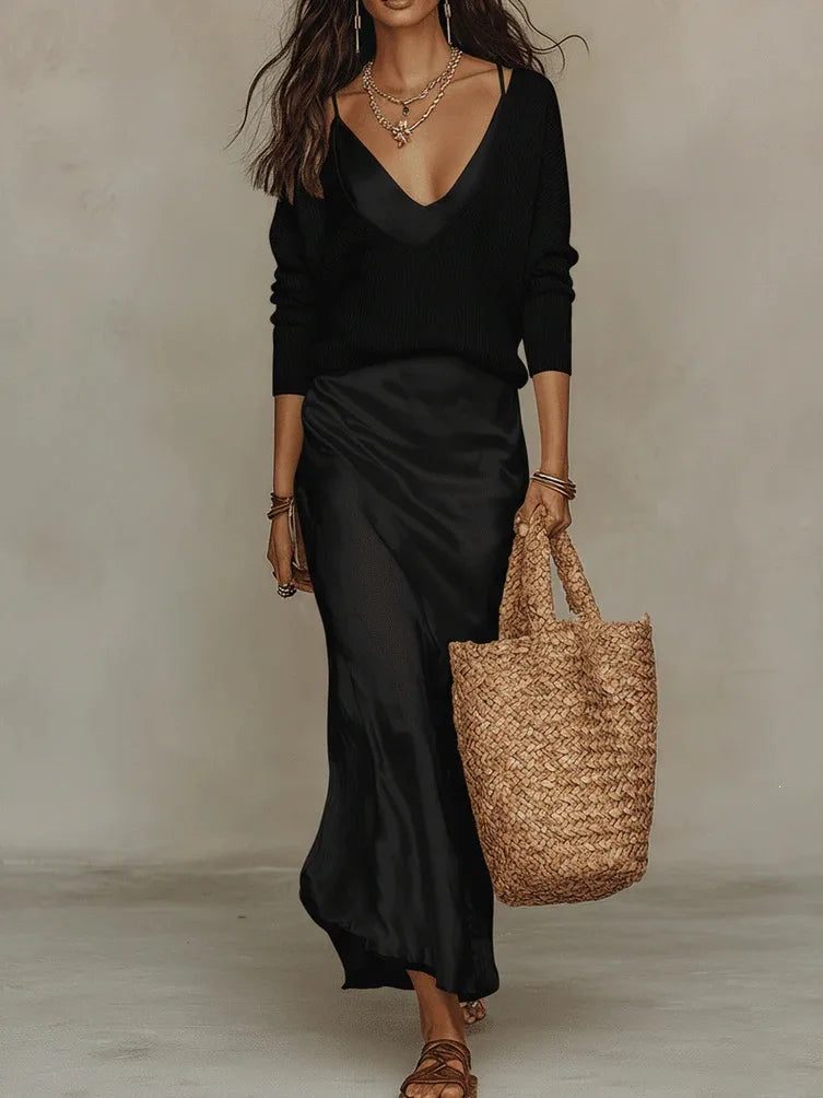 Orla | Women's V-Neck Sweater Dress Set  - Size:XS;Color:Black