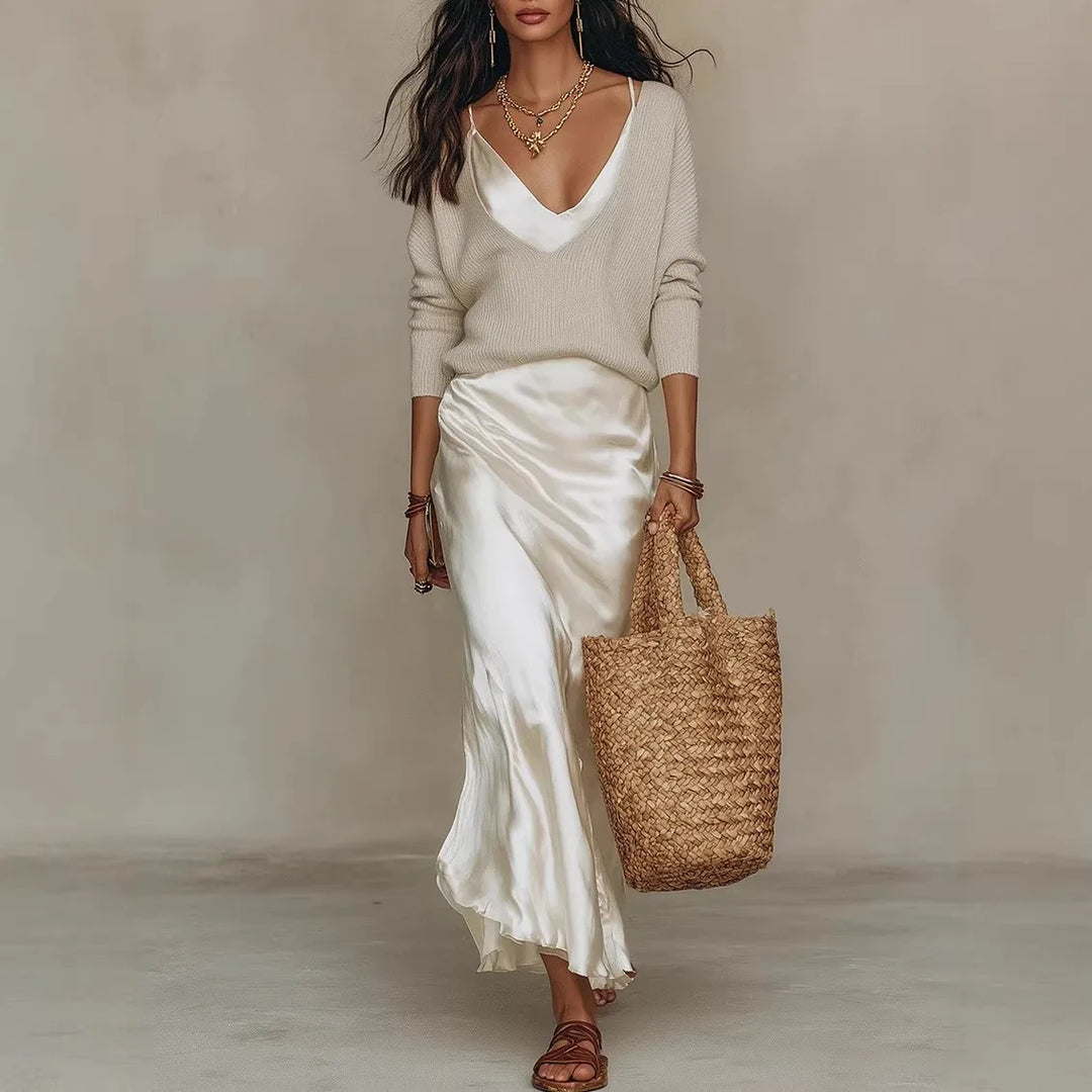Orla | Women's V-Neck Sweater Dress Set  - Size:XS;Color:White