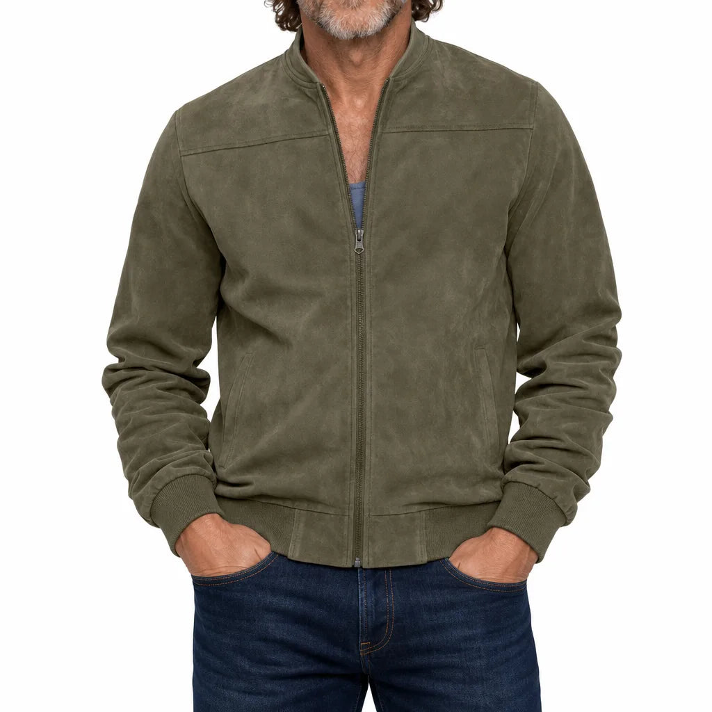 Percy | Men's Fall Suede Bomber Jacket - Color:Green;Size:S