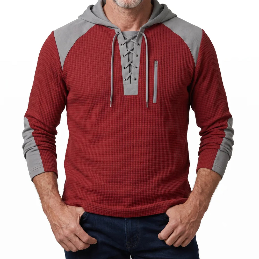 Phillip | Men's Color-Block Hooded Sweatshirt  - Color:Wine Red;Size:XS