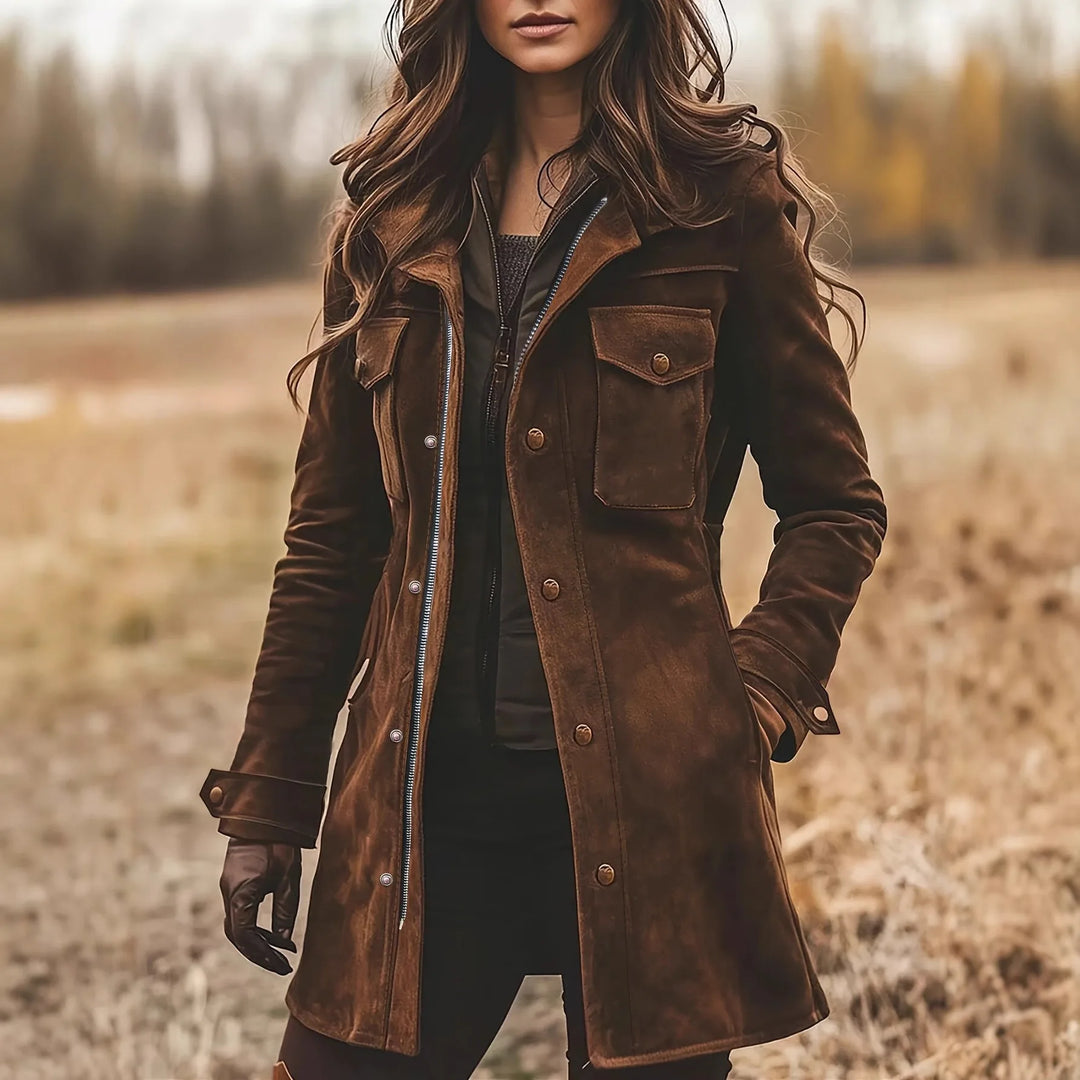 Portia | Women's Longline Suede Winter Coat - Brown