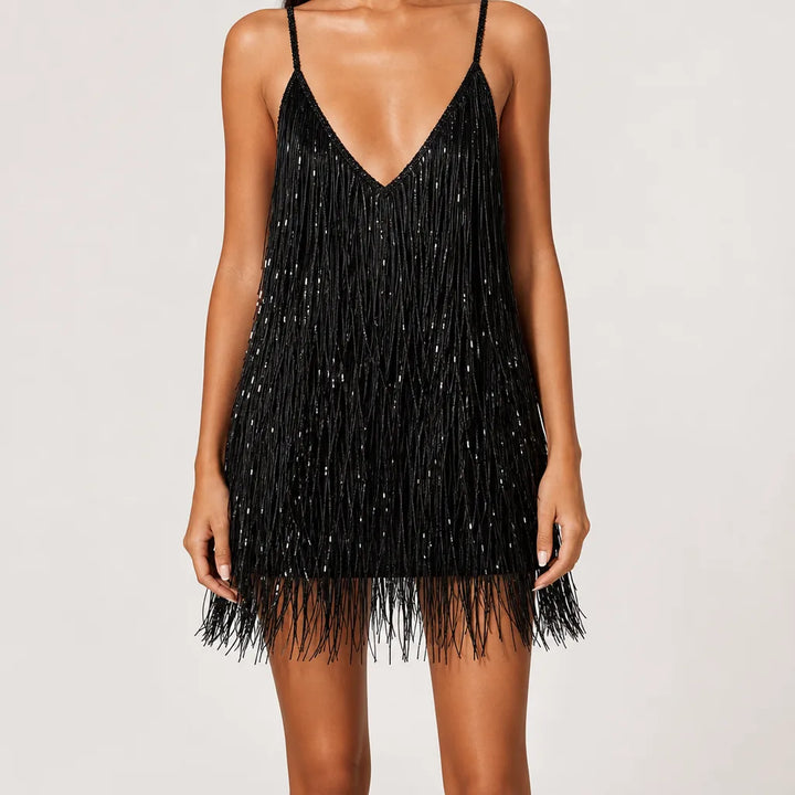 Priya | Elegant Glitter Mini Dress - Color:Black;Size:XS