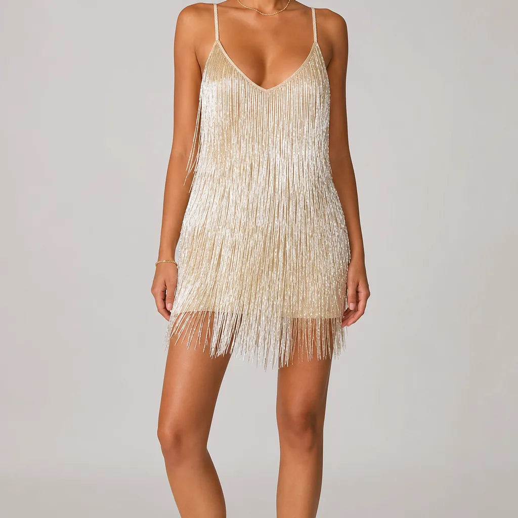 Priya | Elegant Glitter Mini Dress - Color:Gray;Size:XS