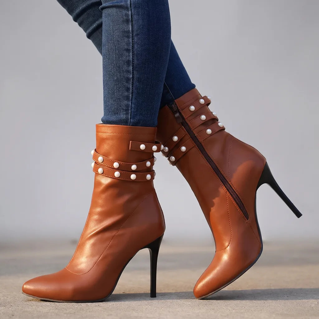 Ria | Women's Buckle Ankle Boots    - Color:Brown;Size:35