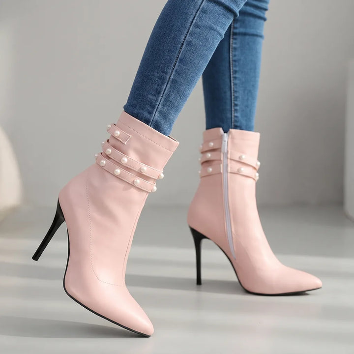 Ria | Women's Buckle Ankle Boots    - Color:Pink;Size:35