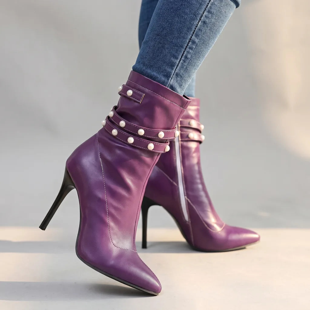 Ria | Women's Buckle Ankle Boots    - Color:Purple;Size:35