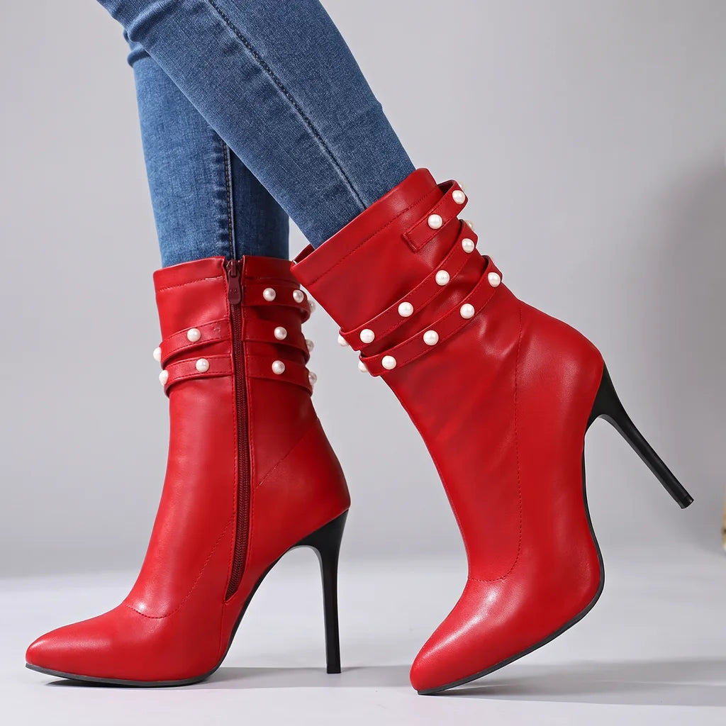 Ria | Women's Buckle Ankle Boots    - Color:Red;Size:35