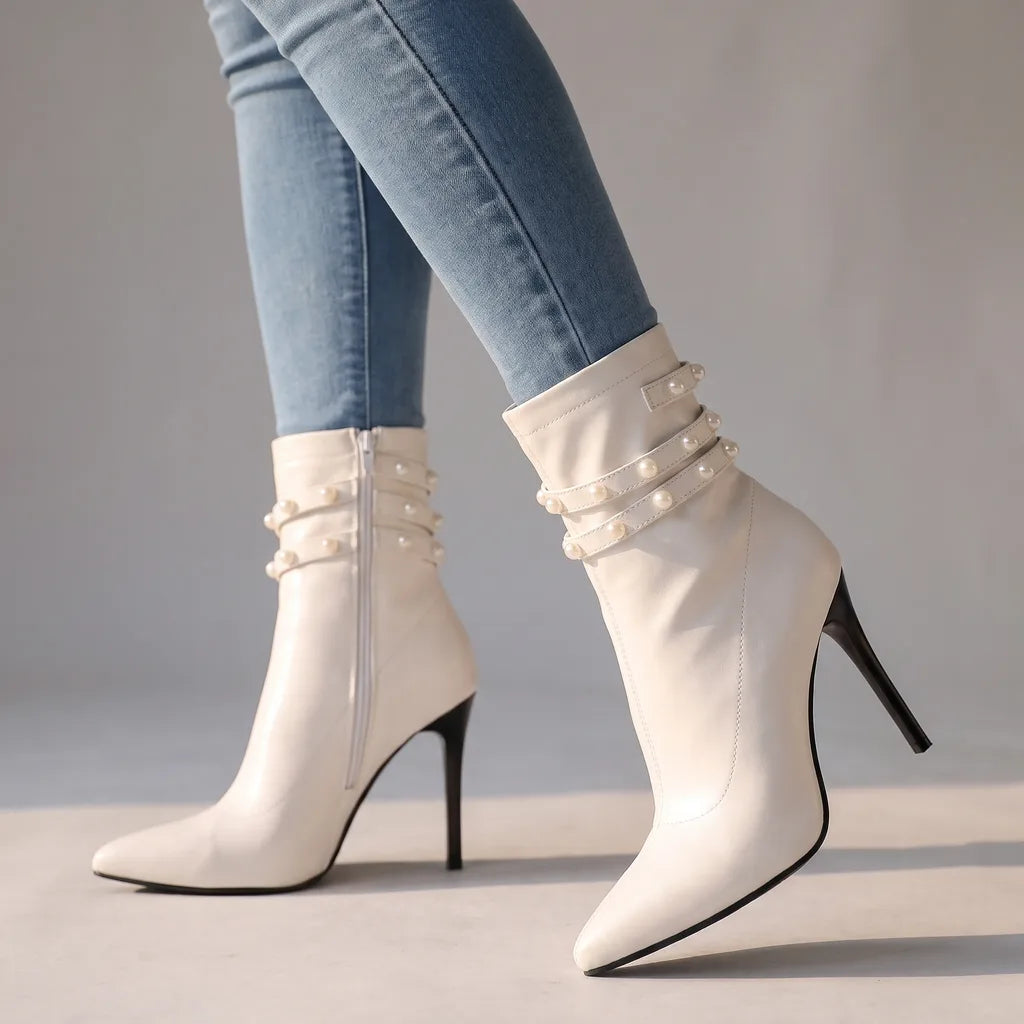 Ria | Women's Buckle Ankle Boots    - Color:White;Size:35