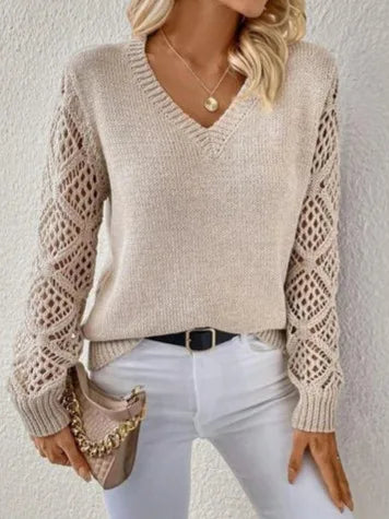 Rianne | Women's Soft V-Neck Sweater - Color:Beige;Size:XS