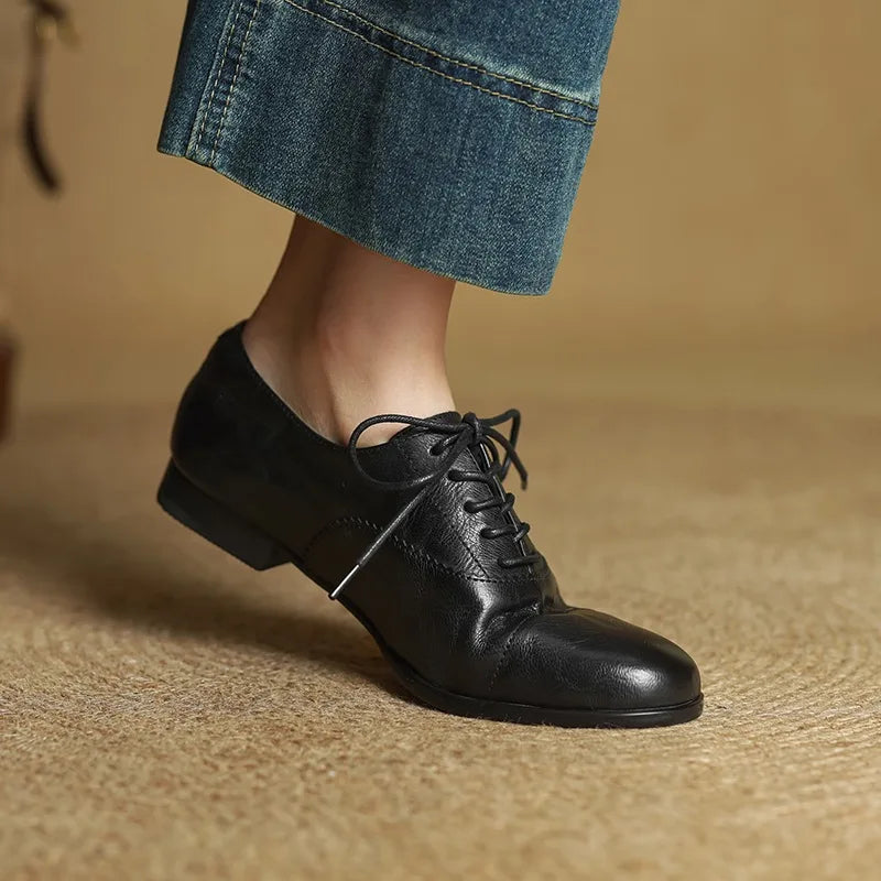 Riley | Women's Luxury Leather Oxford Flats - Color:Black;Size:35