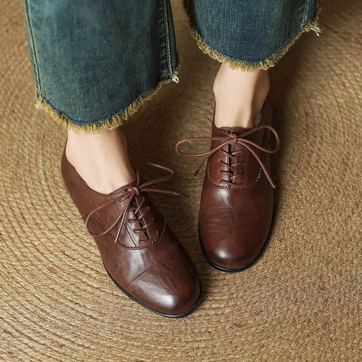 Riley | Women's Luxury Leather Oxford Flats - Color:Brown;Size:35