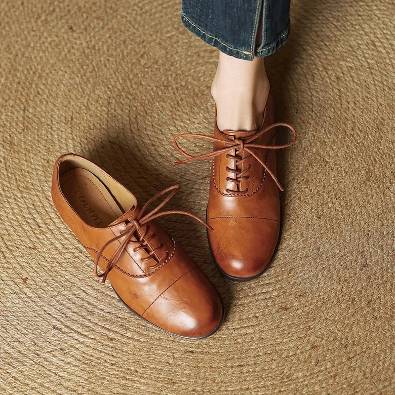 Riley | Women's Luxury Leather Oxford Flats - Color:Caramel;Size:35