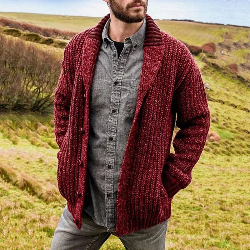 Robbie  | Men's Shawl Collar Knit Cardigan -No match  - Color:Red;Size:XS