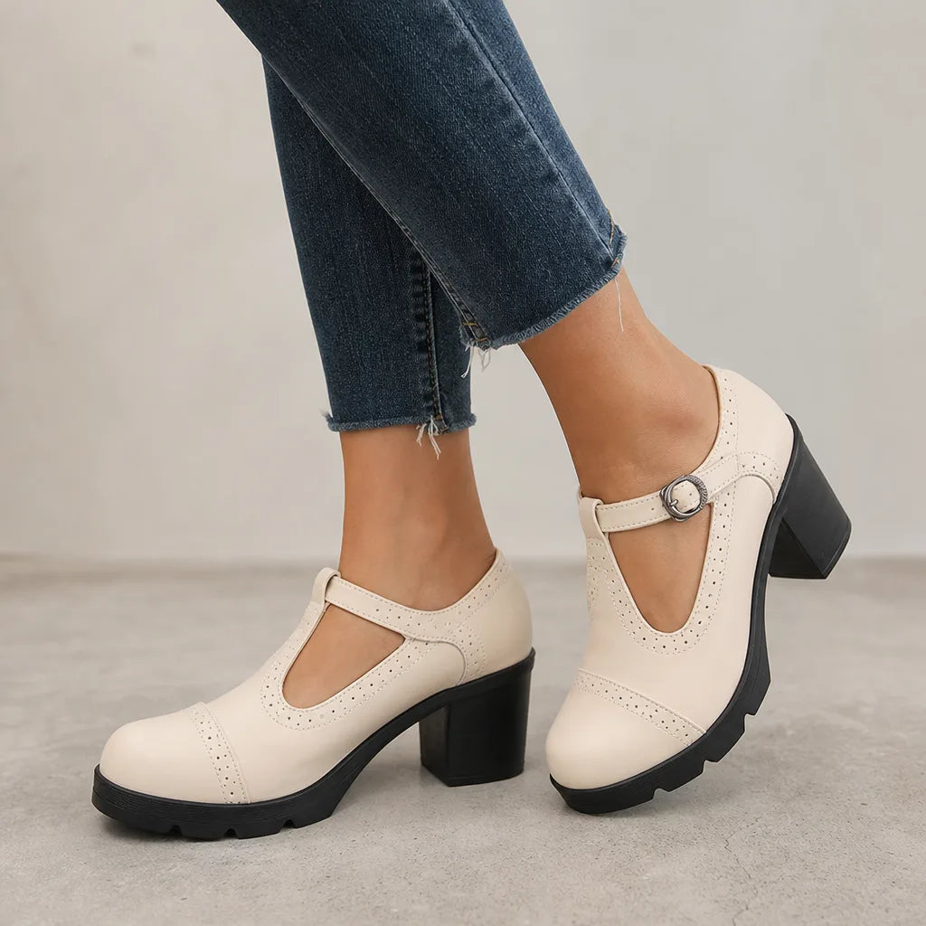 Rosa | Women's Orthopedic Block-Heel Mary Jane Shoes - Color:Beige;Size:35