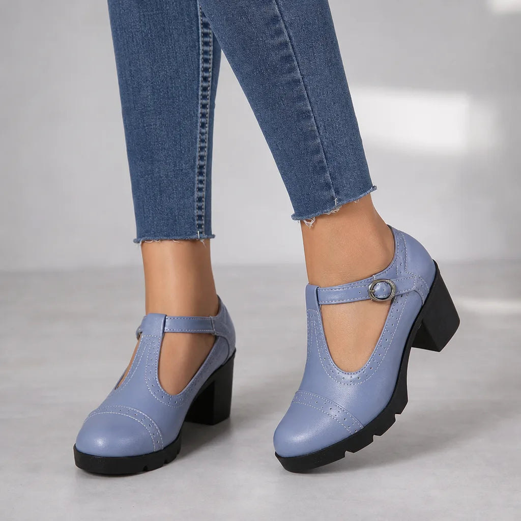 Rosa | Women's Orthopedic Block-Heel Mary Jane Shoes - Color:Blue;Size:35