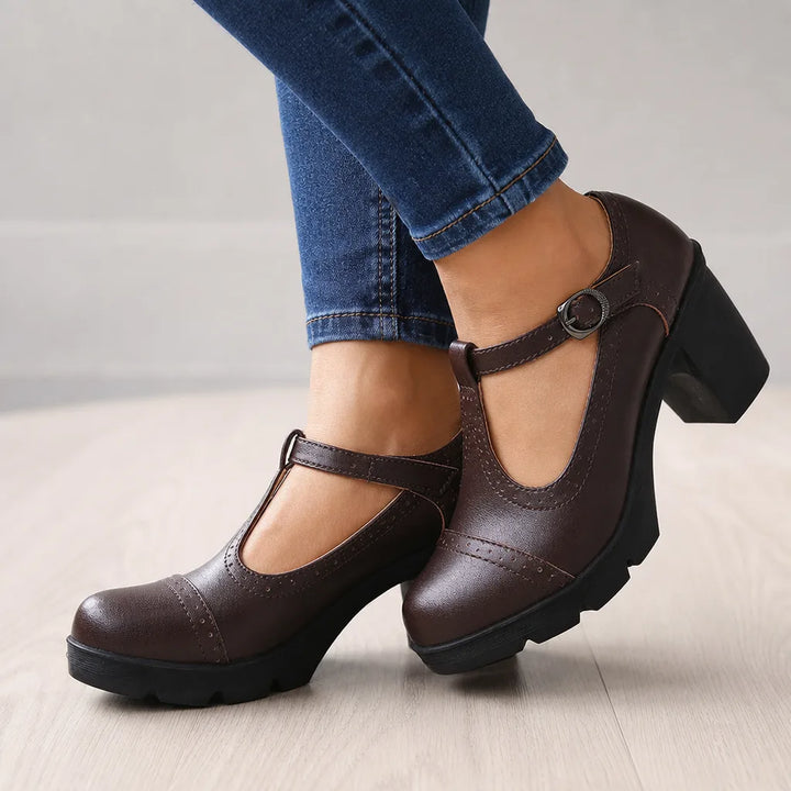 Rosa | Women's Orthopedic Block-Heel Mary Jane Shoes - Color:Dark Brown;Size:40