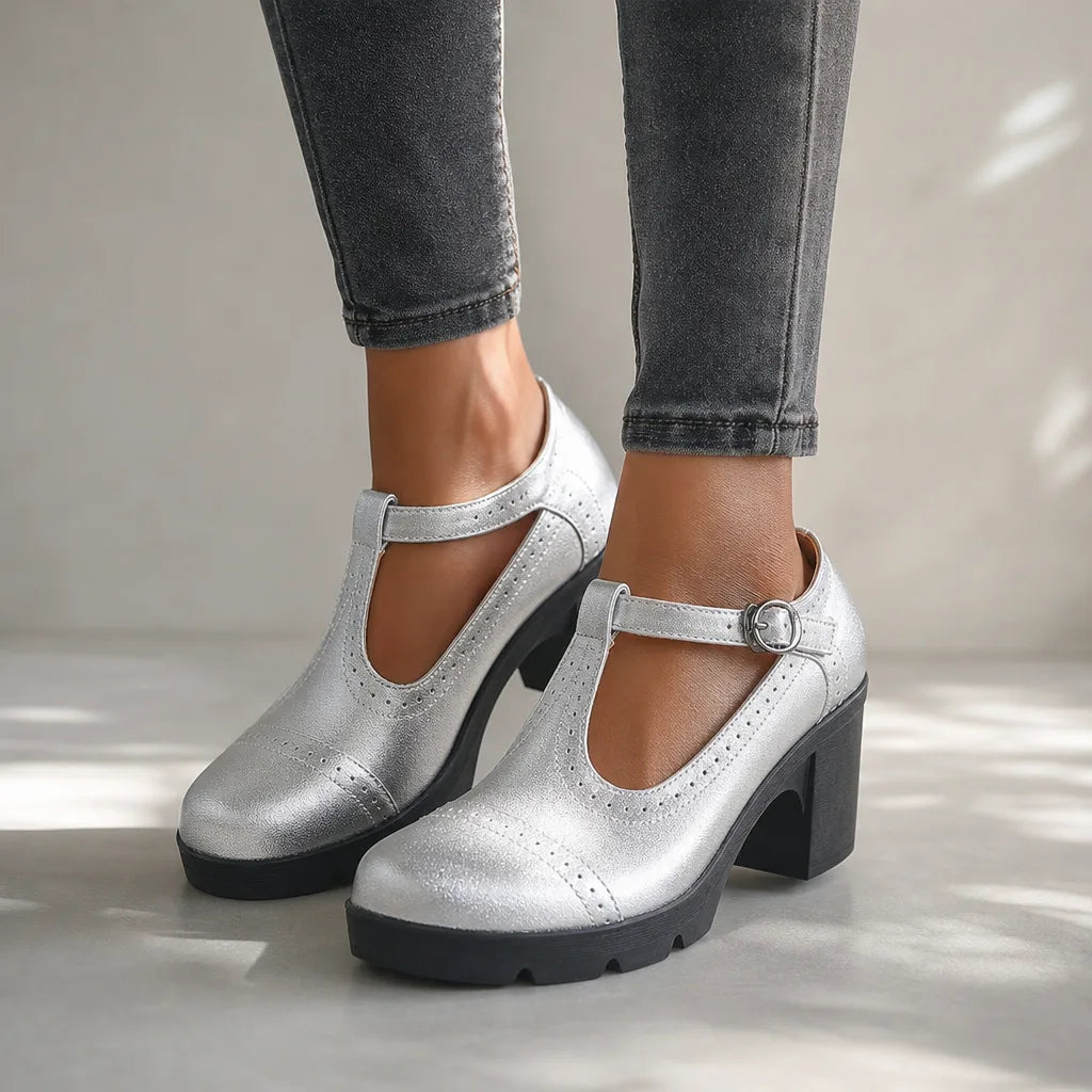Rosa | Women's Orthopedic Block-Heel Mary Jane Shoes - Color:Gray;Size:35