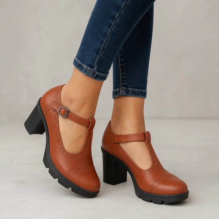 Rosa | Women's Orthopedic Block-Heel Mary Jane Shoes - Color:Light Brown;Size:35