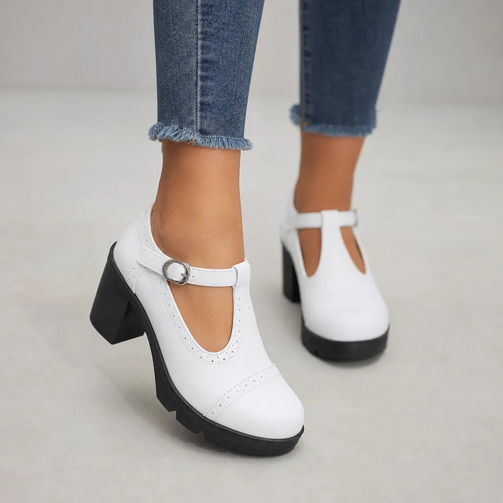 Rosa | Women's Orthopedic Block-Heel Mary Jane Shoes - Color:White;Size:35
