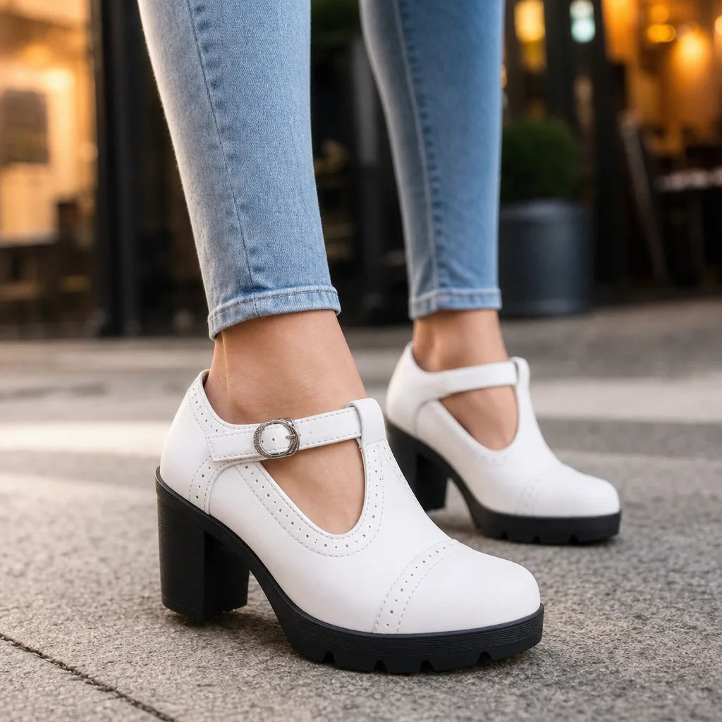 Women's White Woodward | Women's Orthopedic Block-Heel Mary Jane Shoes
