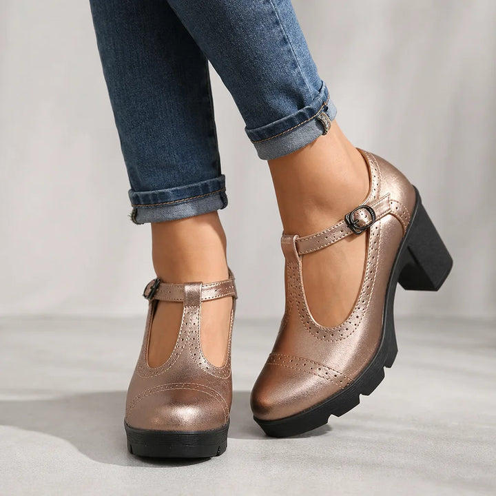 Rosa | Women's Orthopedic Block-Heel Mary Jane Shoes - Color:Yellow;Size:35