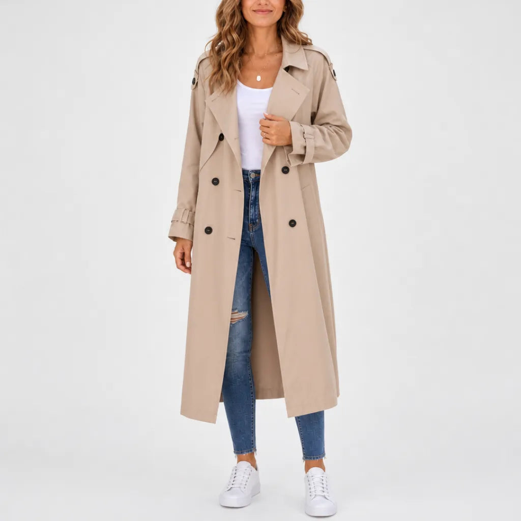 Rosalin Long Trench Coat - Color:Beige;Size:XS