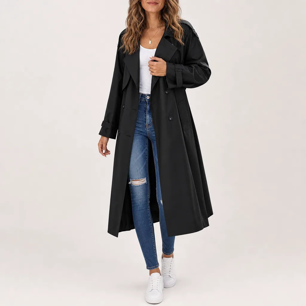 Rosalin Long Trench Coat - Color:Black;Size:XS
