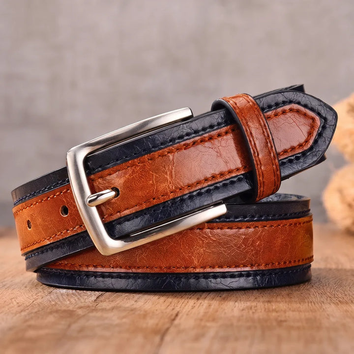 Rupert | Men's Designer Leather Belt - Color:Brown/Dark blue;Length:39.4 inches (100 cm)