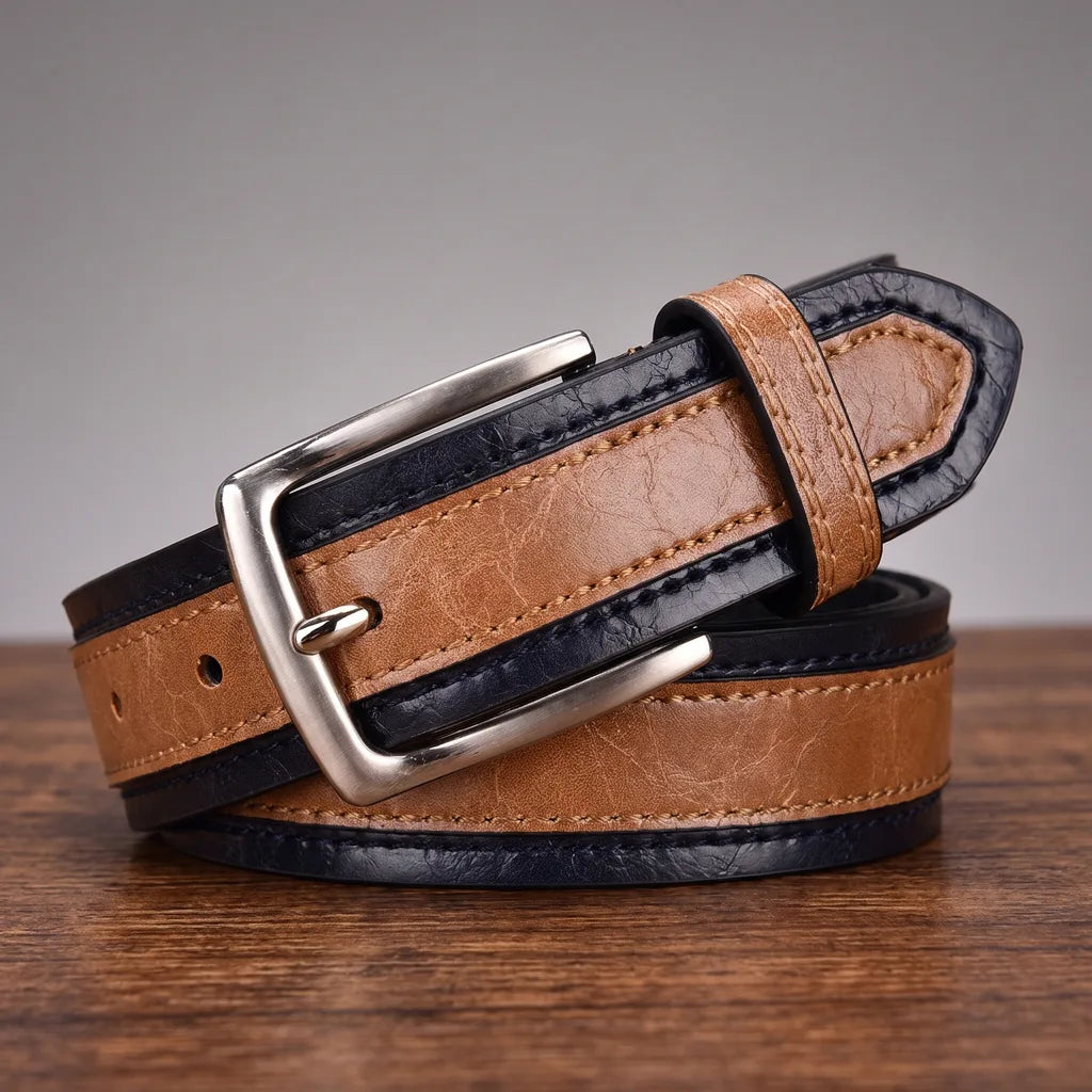 Rupert | Men's Designer Leather Belt - Color:Khaki/Dark Blue;Length:39.4 inches (100 cm)