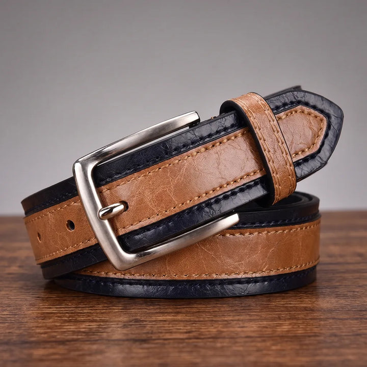 Rupert | Men's Designer Leather Belt - Color:Khaki/Dark Blue;Length:39.4 inches (100 cm)
