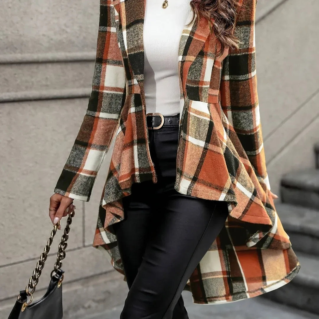 Safa | Women's Draped Longline Plaid Jacket - Color:Red & Brown Plaid;Size:XS