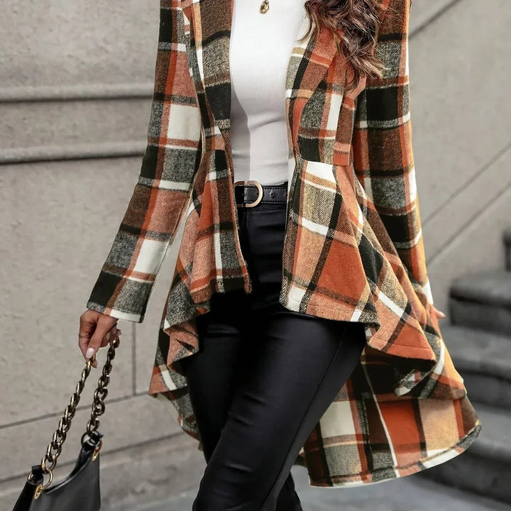 Safa | Women's Draped Longline Plaid Jacket - Color:Red & Brown Plaid;Size:XS