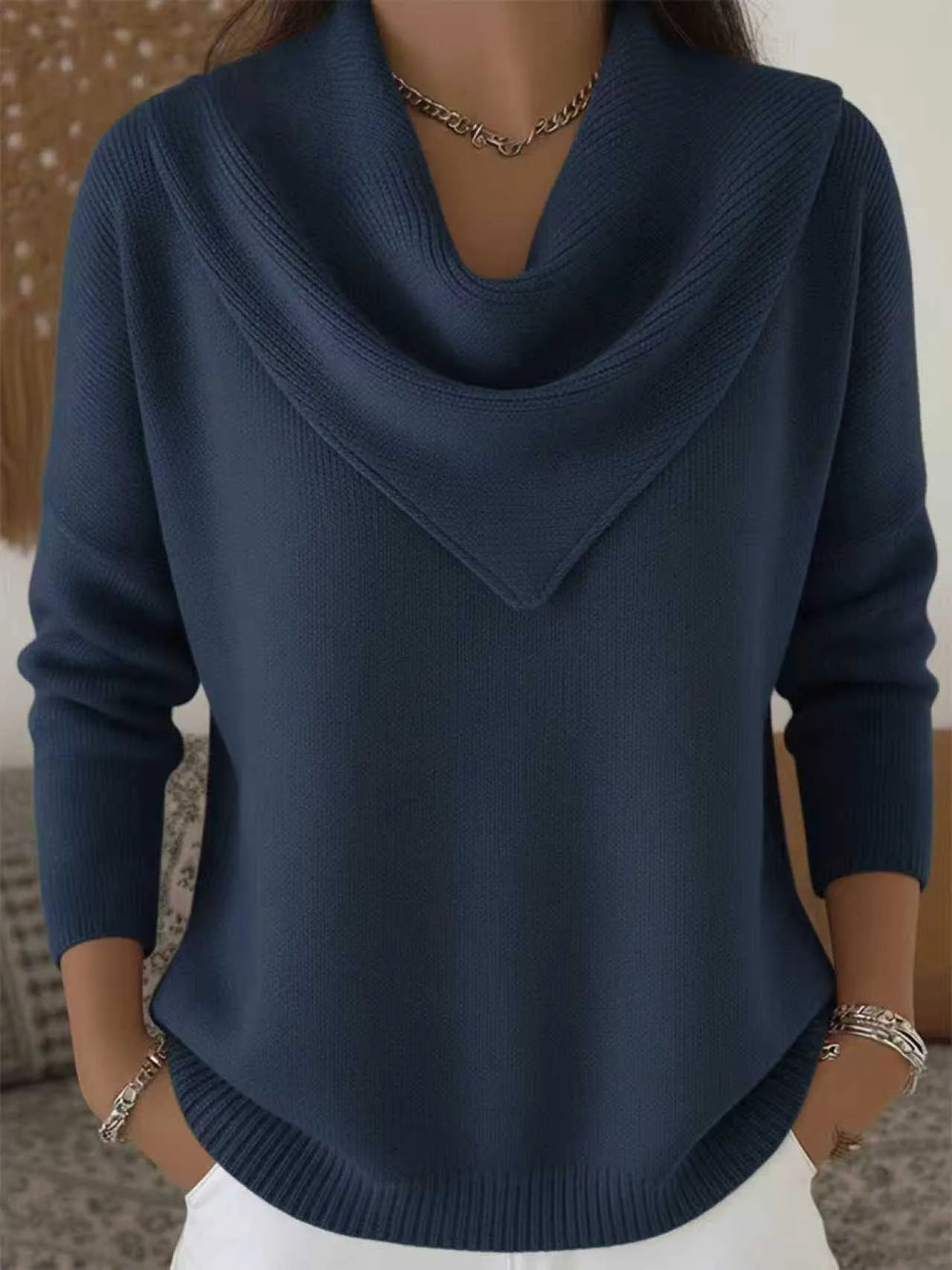 Safiya |  Women's Cowl Neck Sweater  - Color:Navy Blue;Size:XS