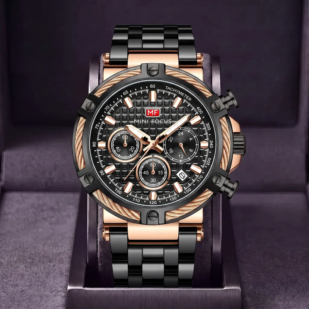 Sawyer | Cable Bezel Chronograph  - Color:Black Steel/Rose Gold