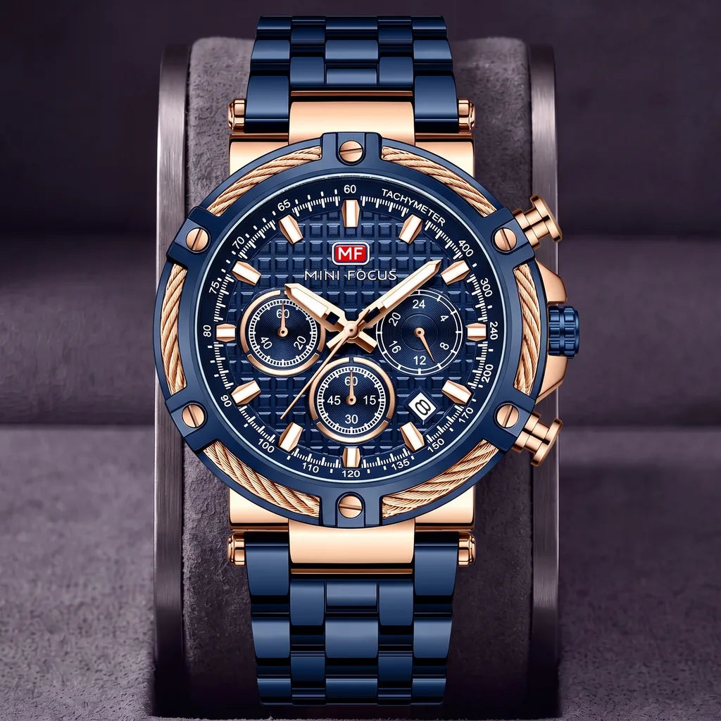 Sawyer | Cable Bezel Chronograph  - Color:Blue/Rose Gold
