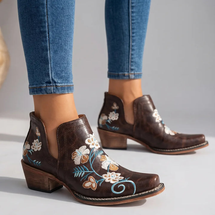 Selina | Women's Floral Ankle Western Boots  - Color:Dark Brown;Size:35