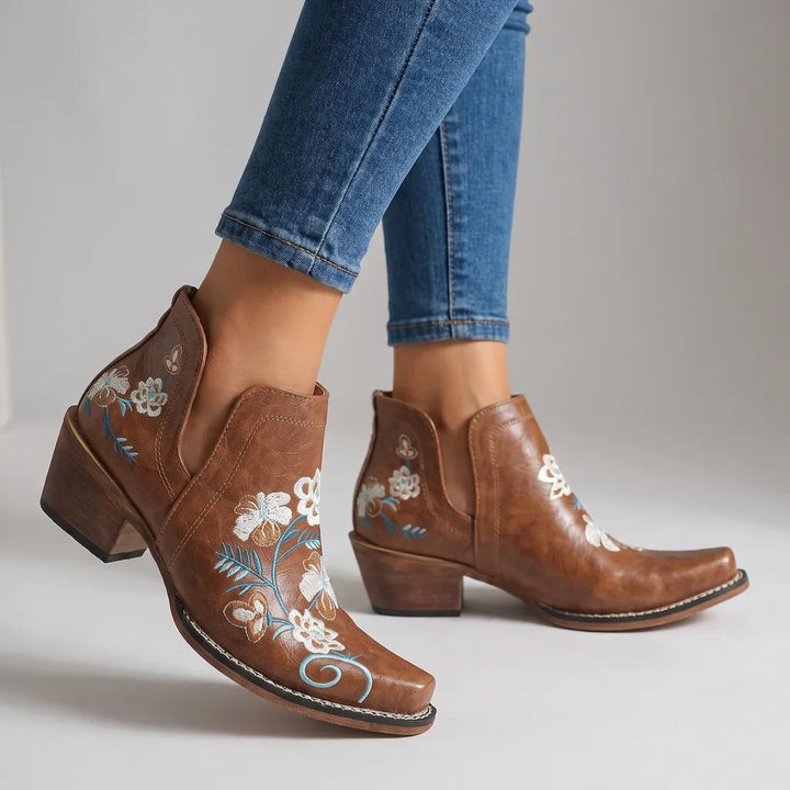 Selina | Women's Floral Ankle Western Boots  - Color:Light Brown;Size:35